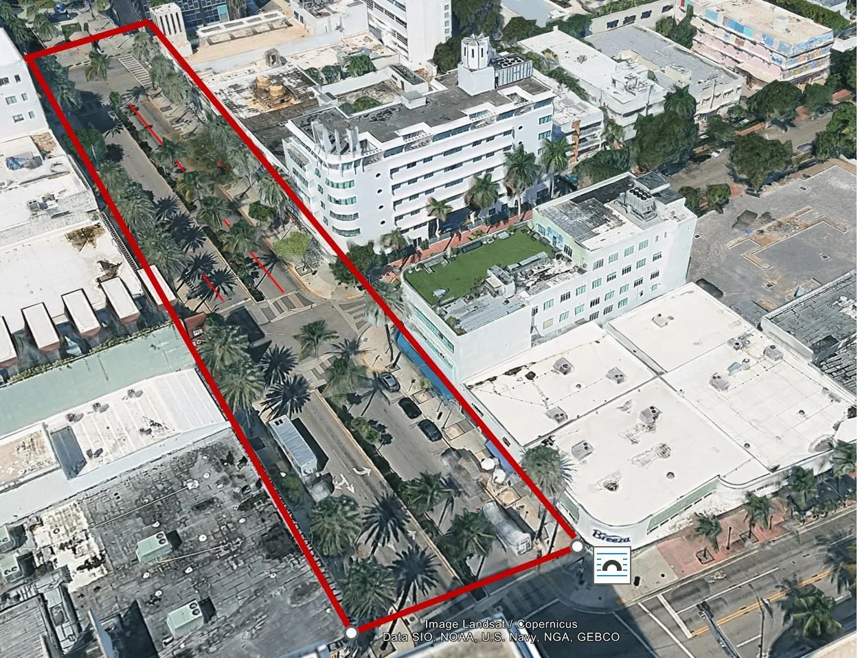 Supplied aerial of the existing street with a red outline around the proposed study corridor.