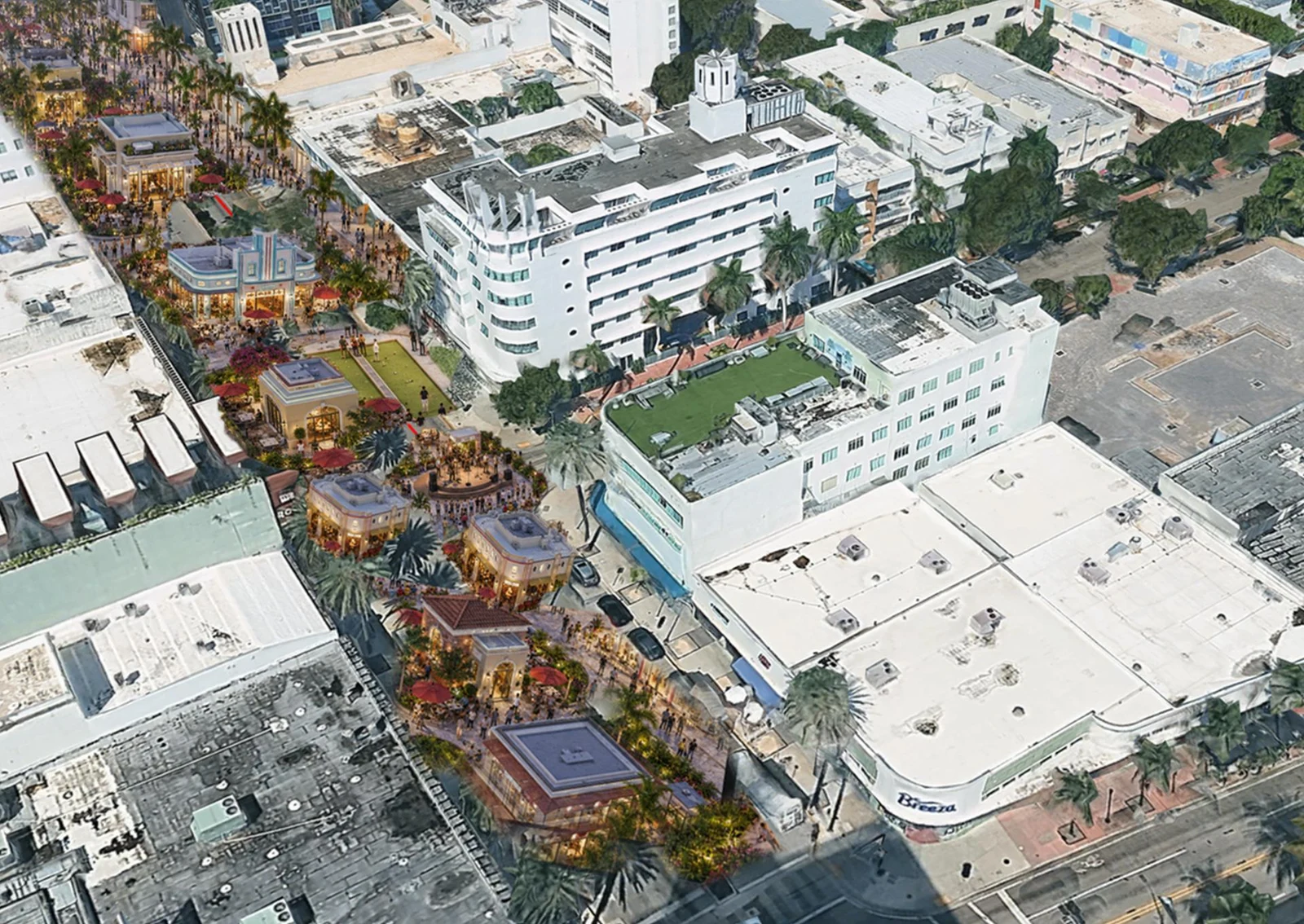 Deborah’s supplied concept for a pedestrian cultural setting with planting and gathering spaces along Lincoln Road.