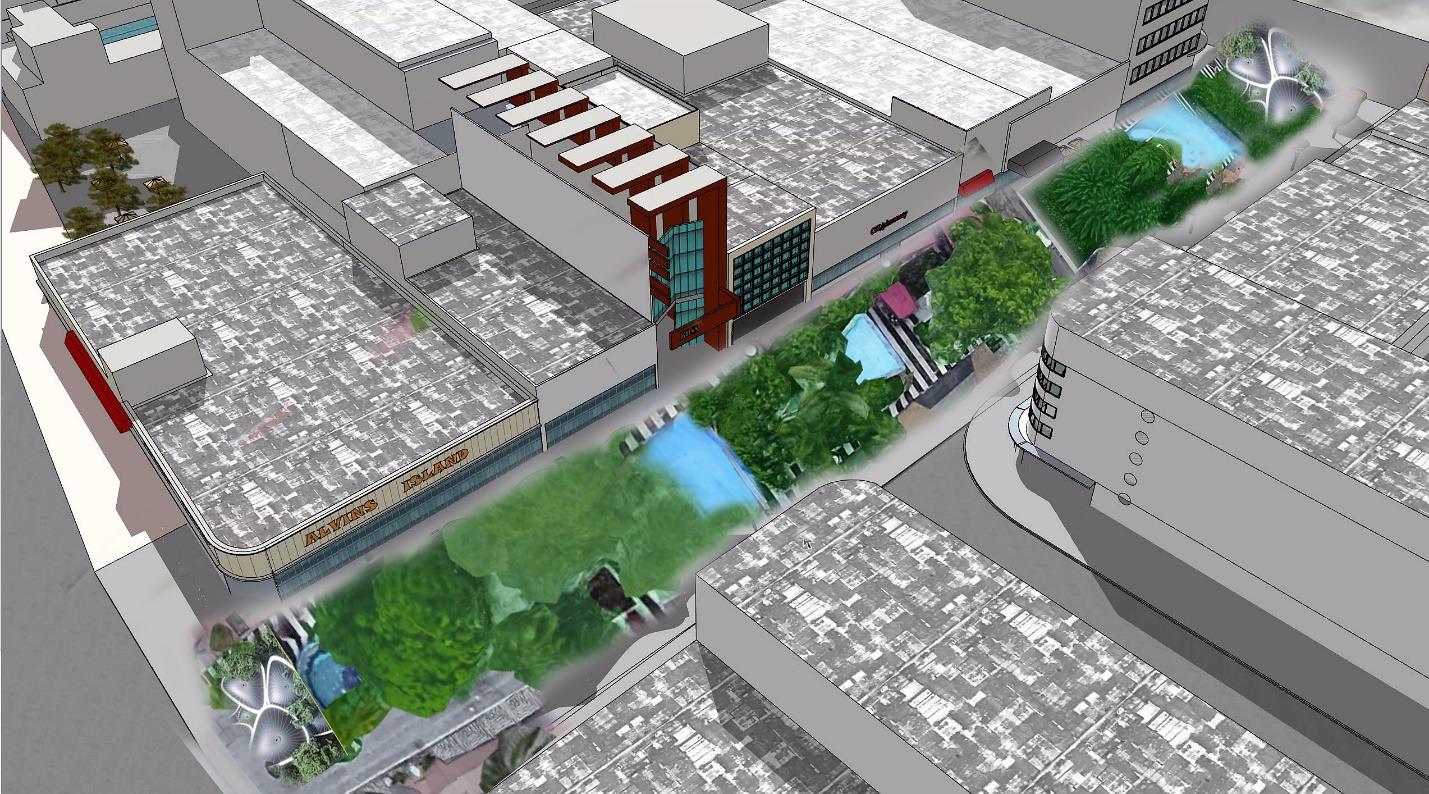 Earlier supplied landscaped pedestrian corridor concept for the 200–300 blocks.